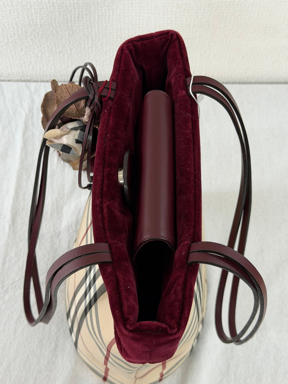 Burberry Nova Check Canvas Bucket Tote Bag Velvet Trim Burgundy