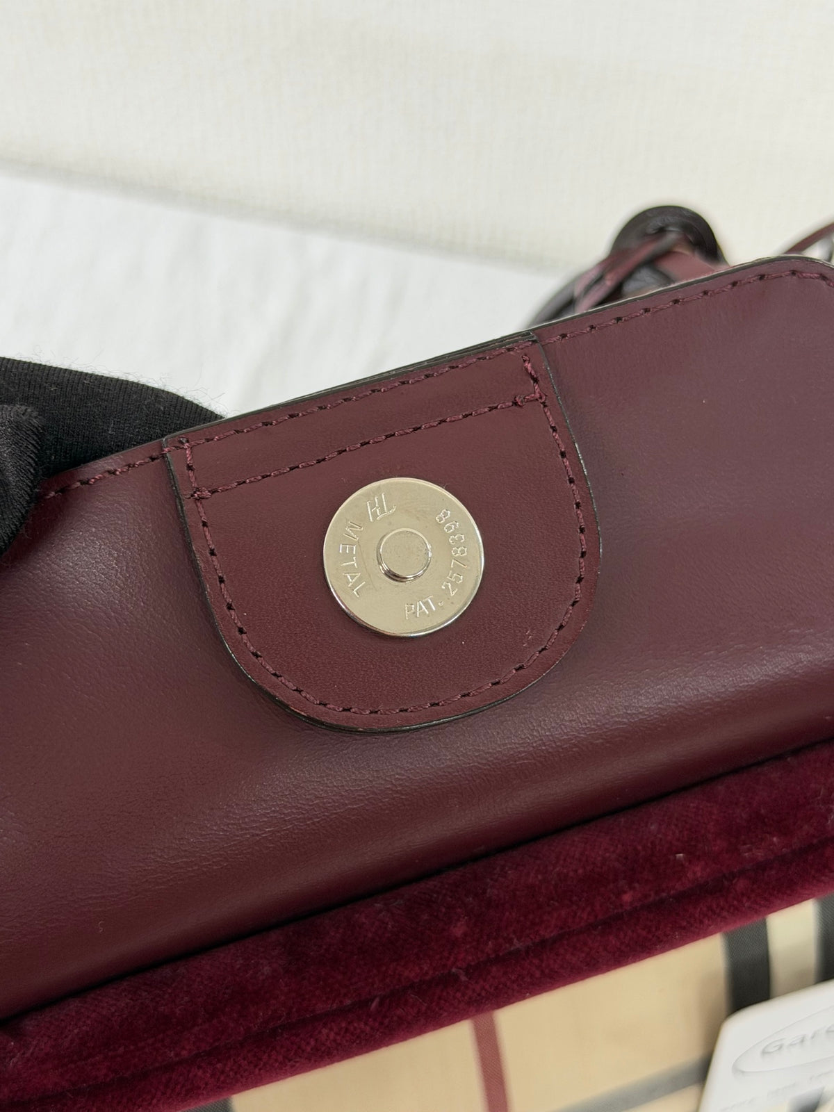 Burberry Nova Check Canvas Bucket Tote Bag Velvet Trim Burgundy