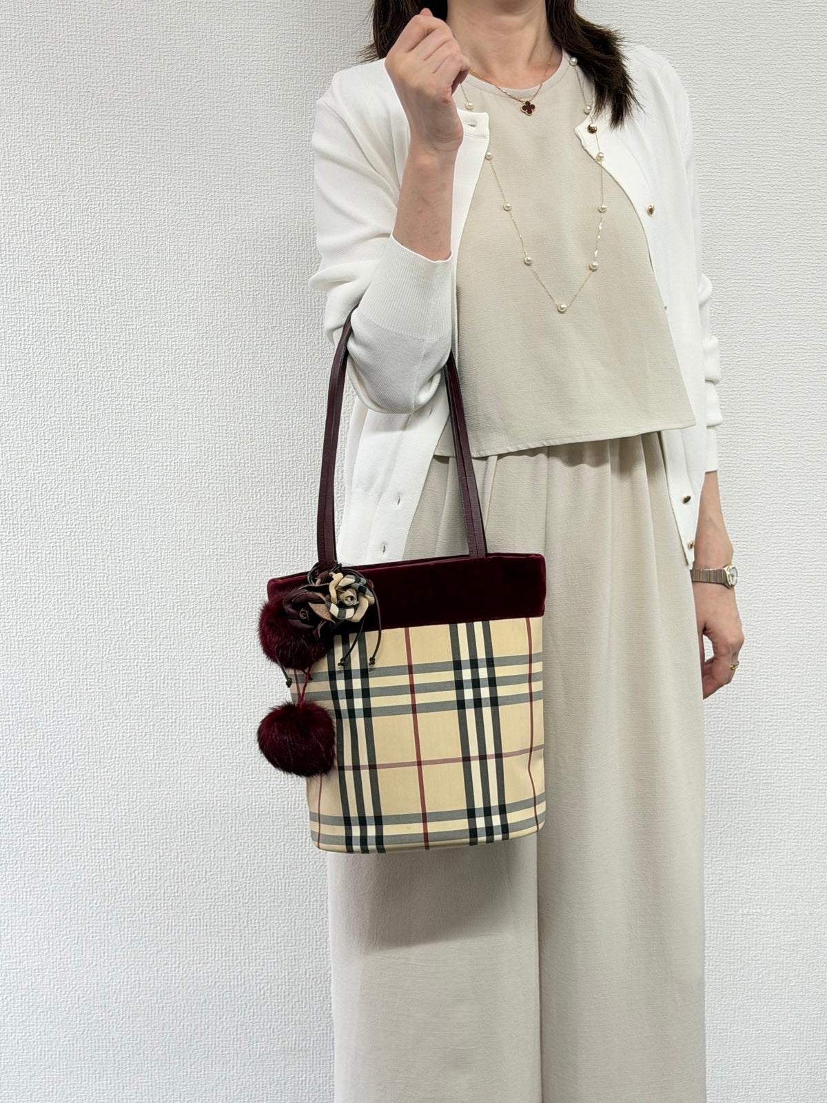 Burberry Nova Check Canvas Bucket Tote Bag Velvet Trim Burgundy
