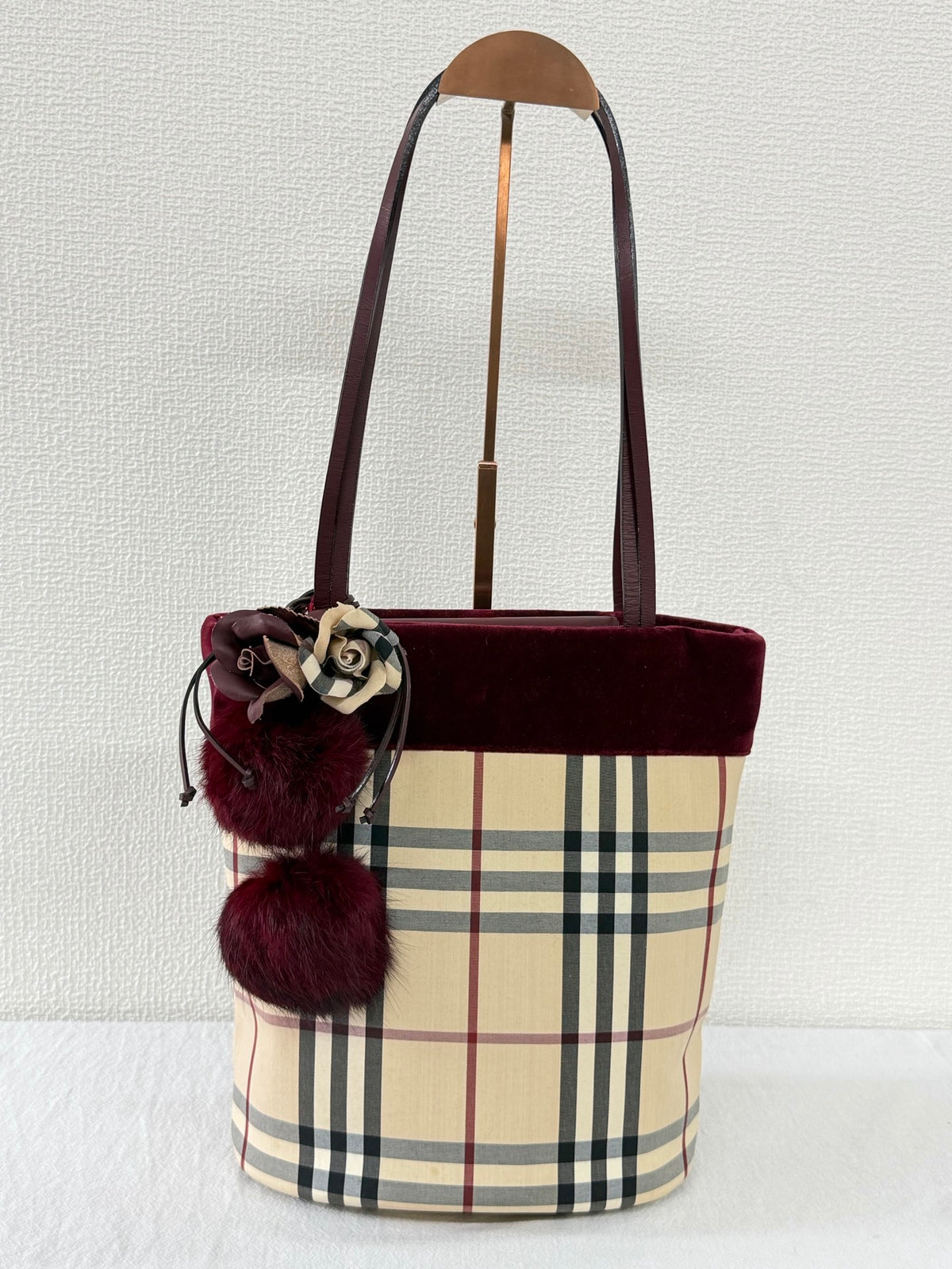Burberry Nova Check Canvas Bucket Tote Bag Velvet Trim Burgundy