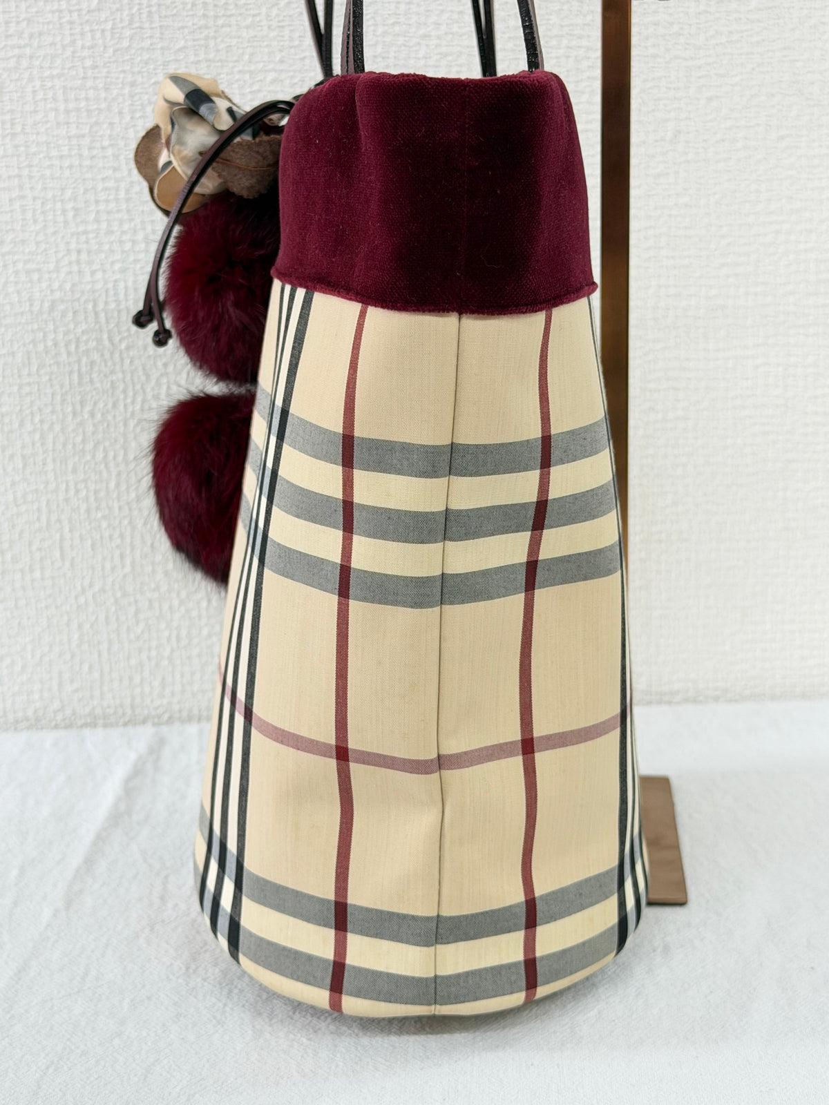 Burberry Nova Check Canvas Bucket Tote Bag Velvet Trim Burgundy