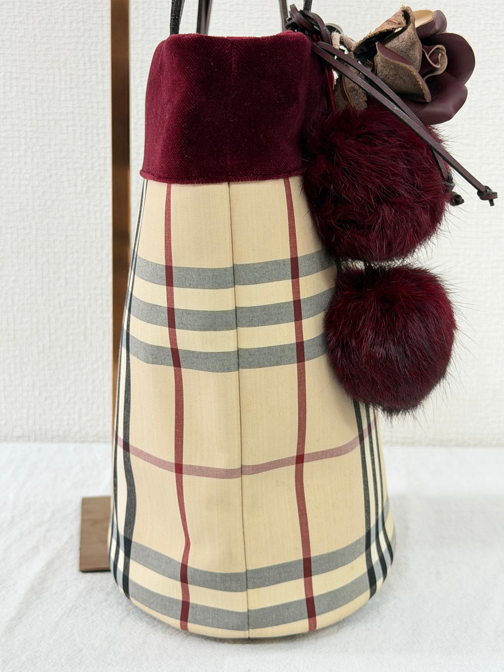 Burberry Nova Check Canvas Bucket Tote Bag Velvet Trim Burgundy