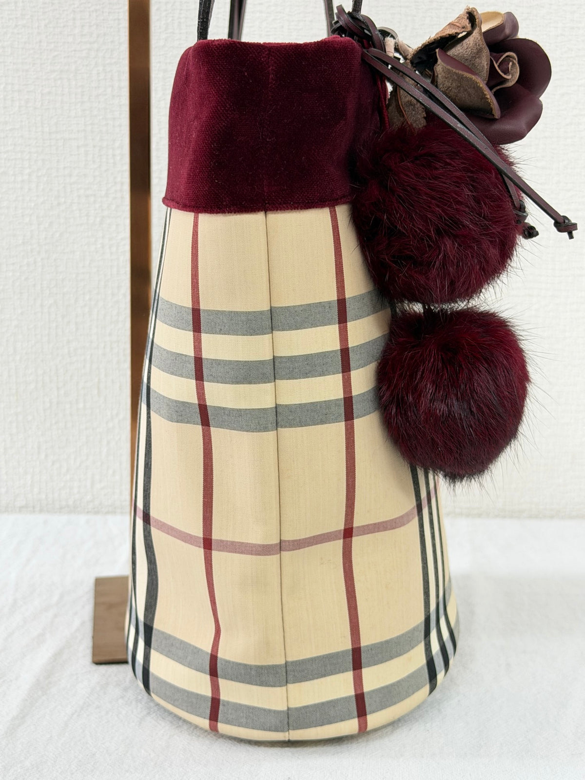 Burberry Nova Check Canvas Bucket Tote Bag Velvet Trim Burgundy