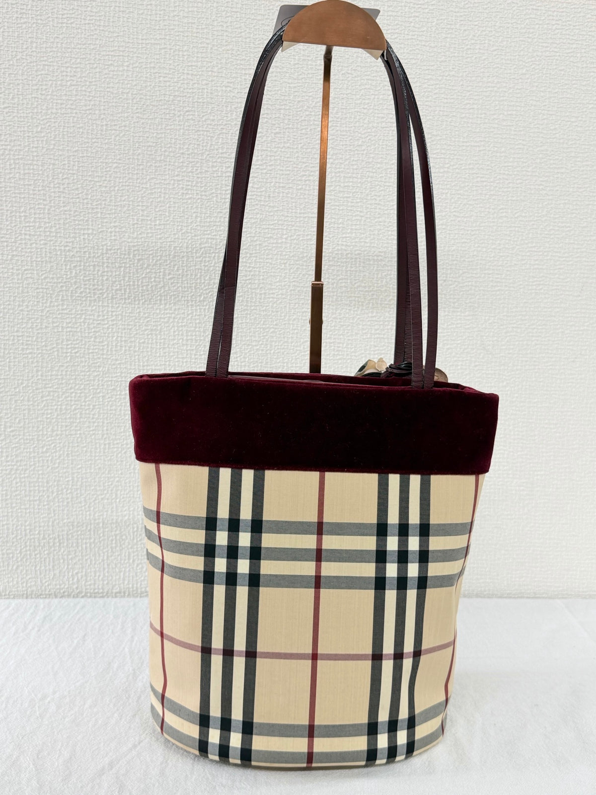 Burberry Nova Check Canvas Bucket Tote Bag Velvet Trim Burgundy