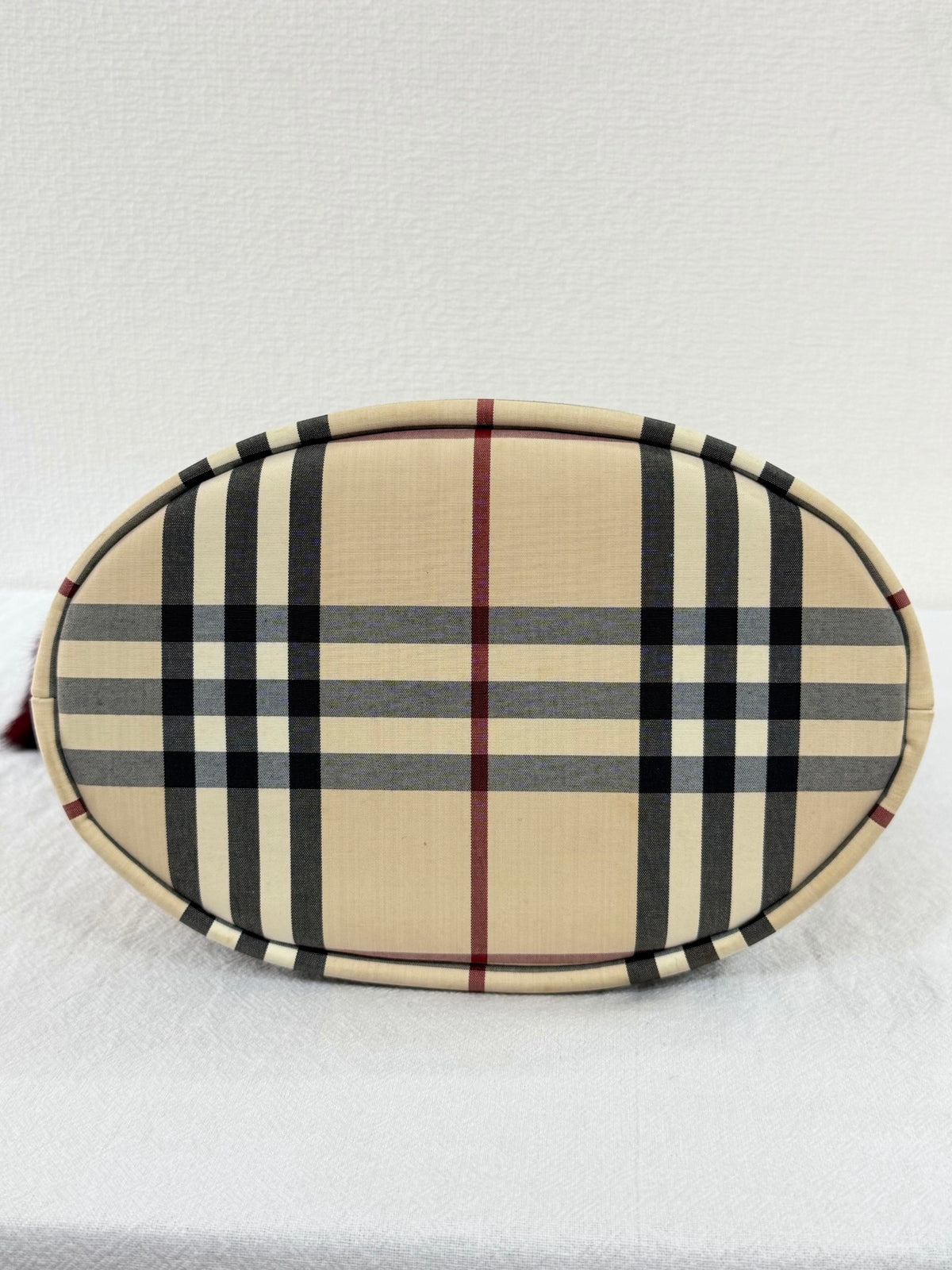 Burberry Nova Check Canvas Bucket Tote Bag Velvet Trim Burgundy