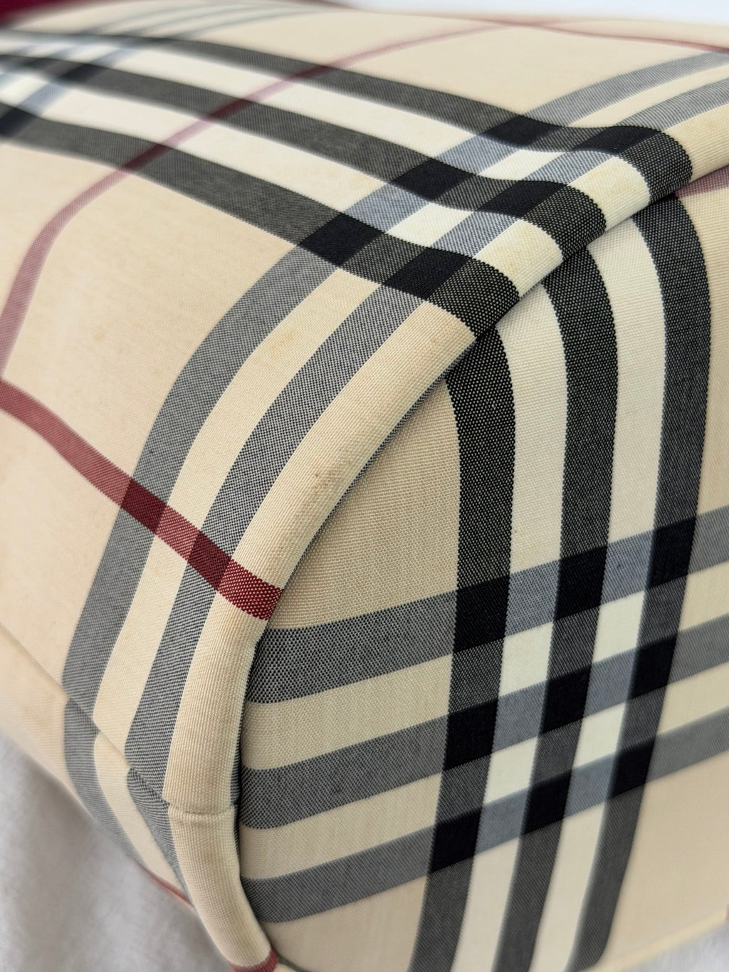 Burberry Nova Check Canvas Bucket Tote Bag Velvet Trim Burgundy
