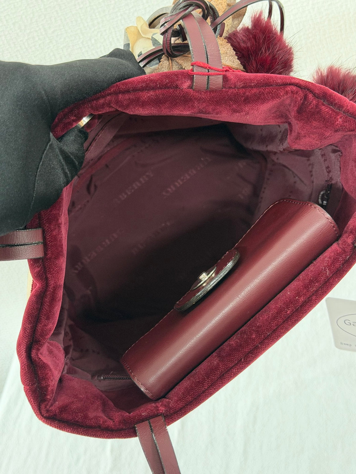 Burberry Nova Check Canvas Bucket Tote Bag Velvet Trim Burgundy