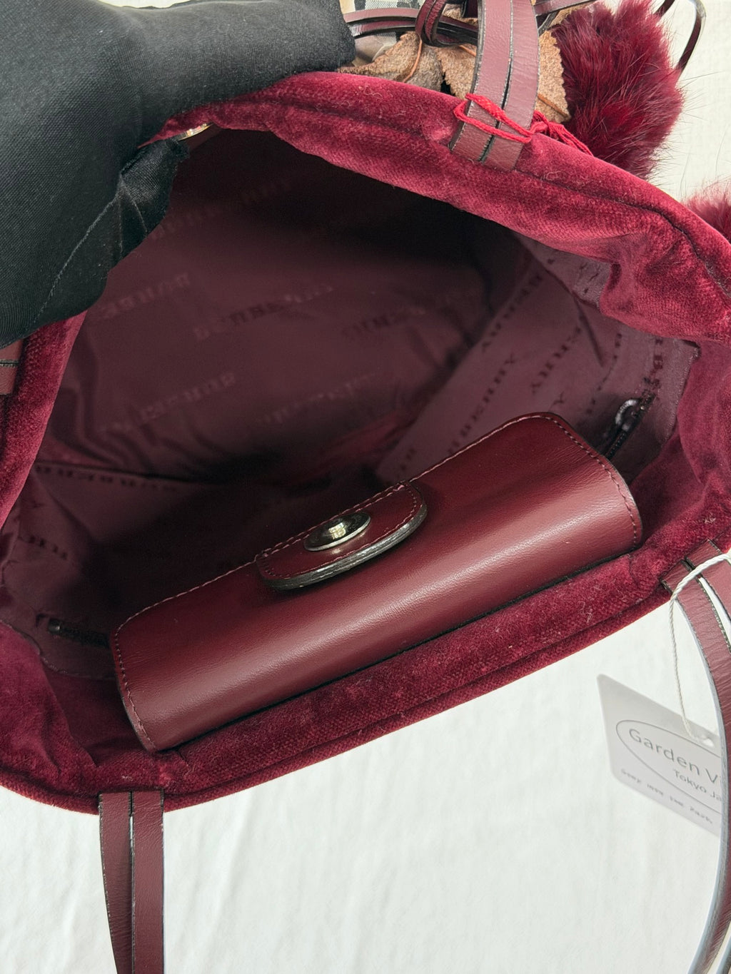 Burberry Nova Check Canvas Bucket Tote Bag Velvet Trim Burgundy