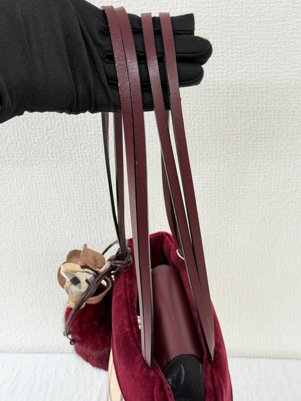 Burberry Nova Check Canvas Bucket Tote Bag Velvet Trim Burgundy