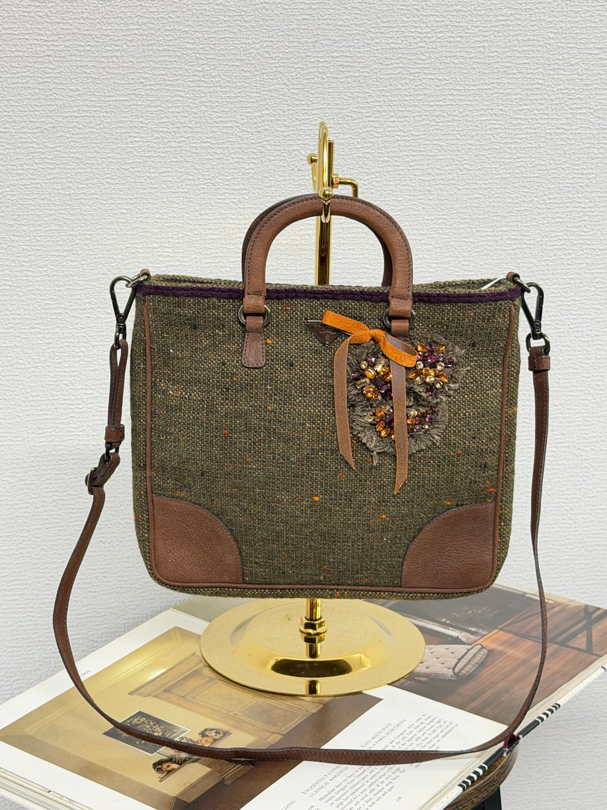 PRADA  Tweed & Leather Embellished  2Way Tote Bag