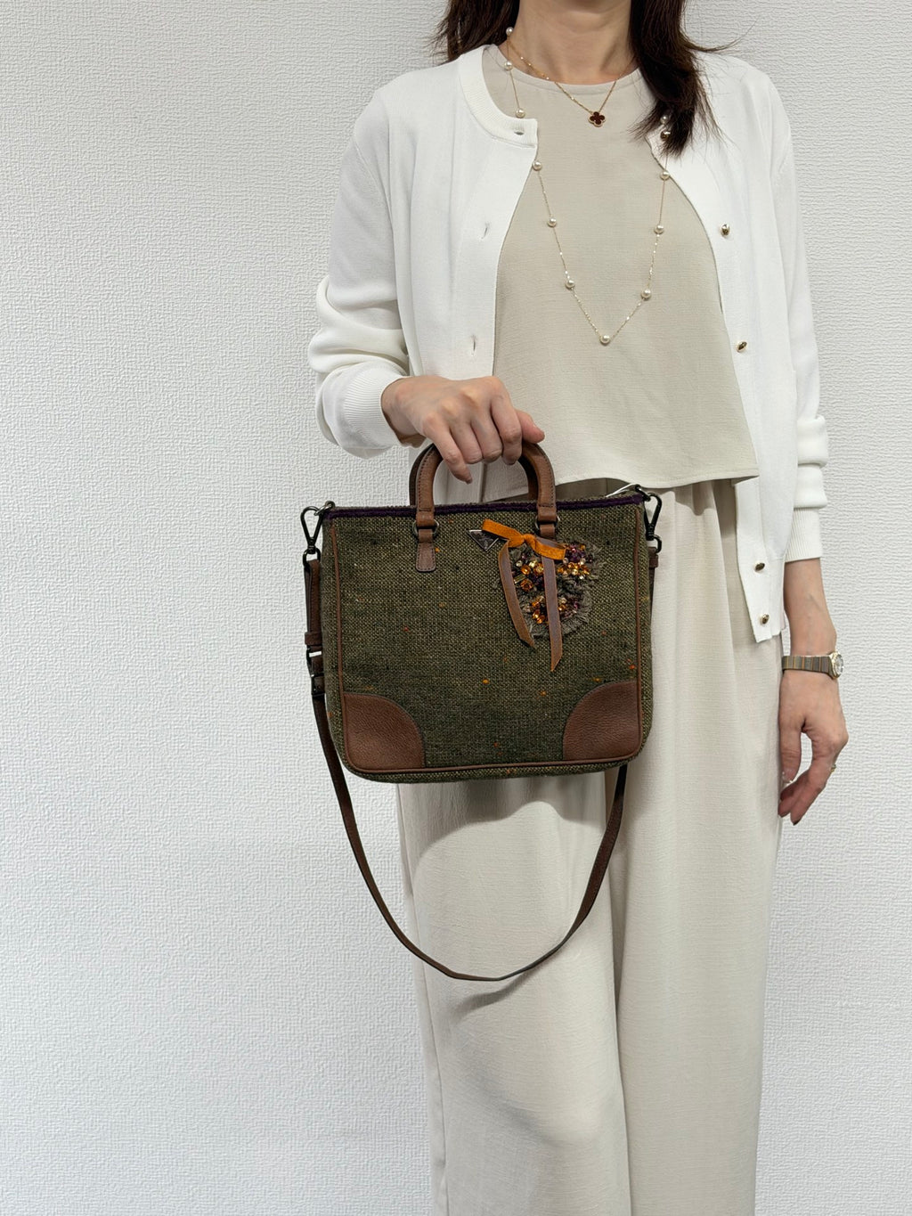 PRADA  Tweed & Leather Embellished  2Way Tote Bag
