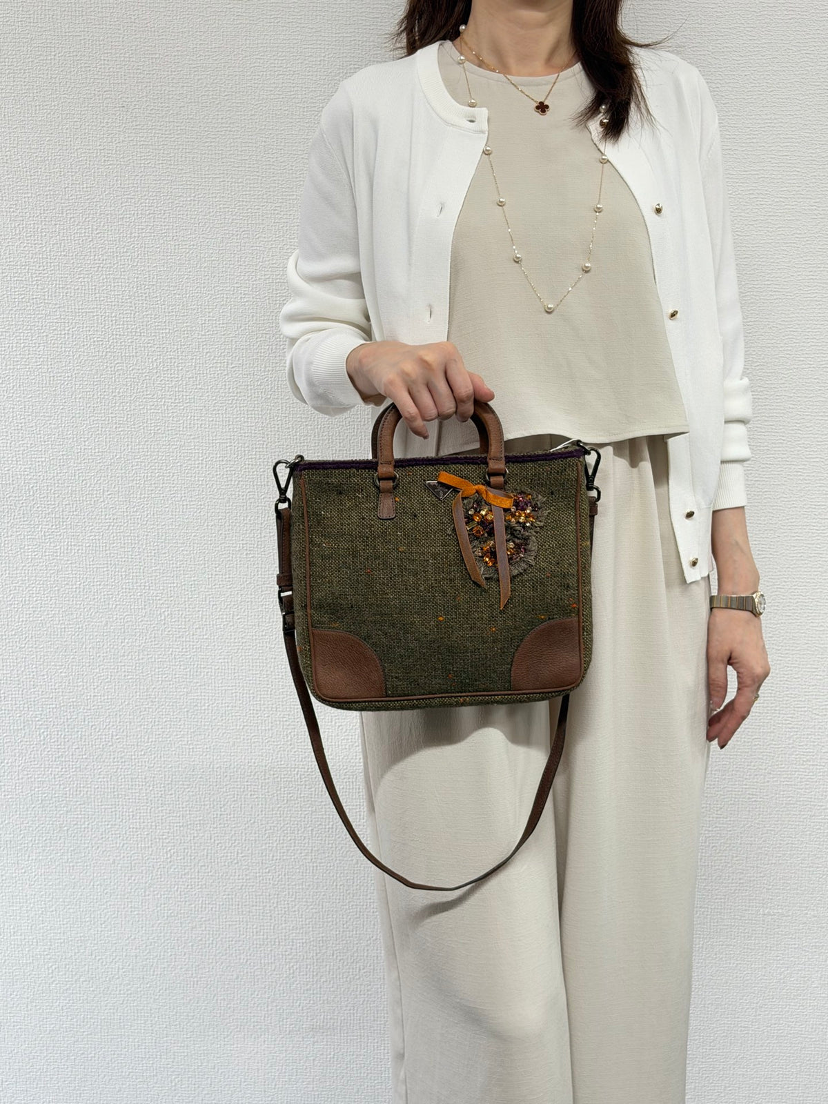 PRADA  Tweed & Leather Embellished  2Way Tote Bag