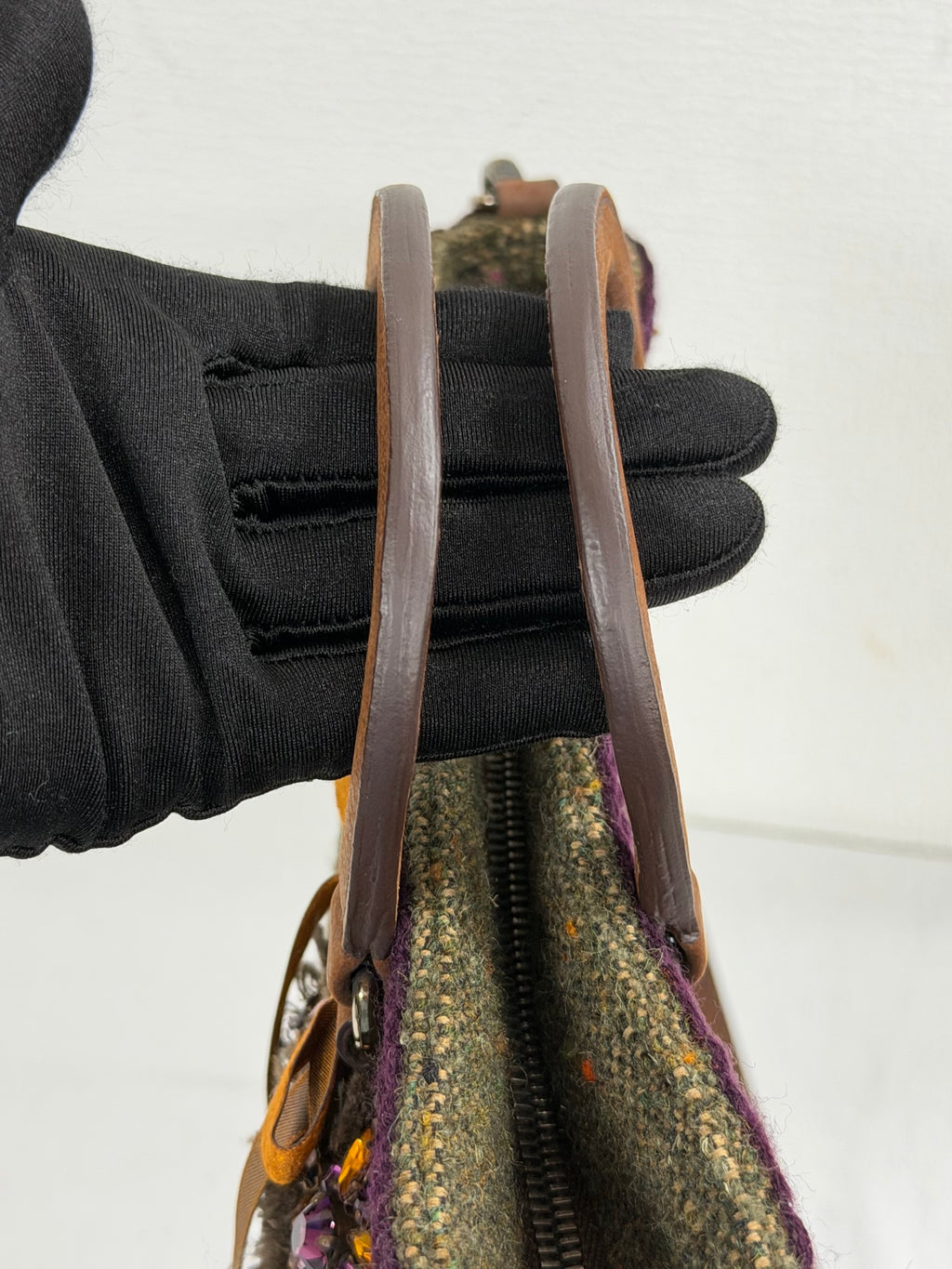 PRADA  Tweed & Leather Embellished  2Way Tote Bag