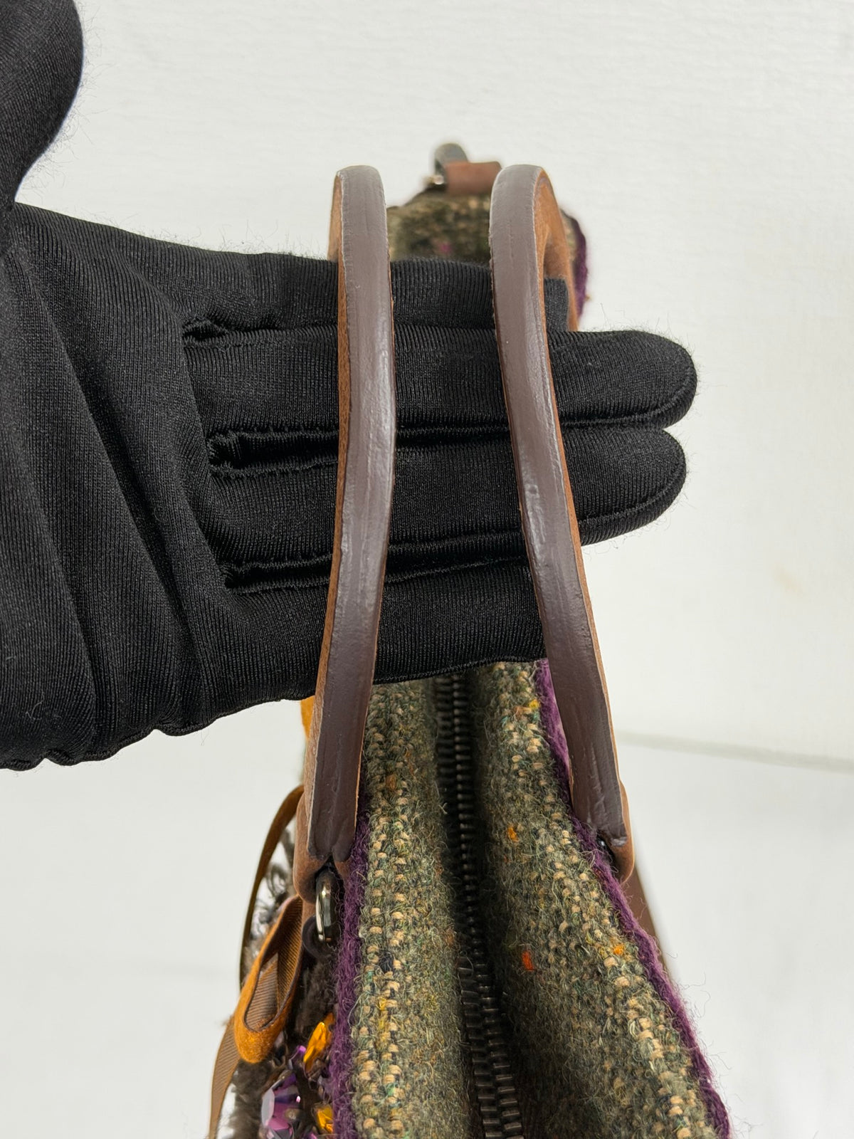 PRADA  Tweed & Leather Embellished  2Way Tote Bag