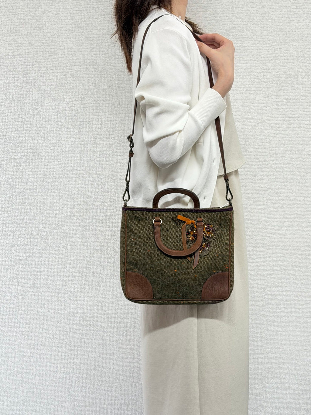 PRADA  Tweed & Leather Embellished  2Way Tote Bag
