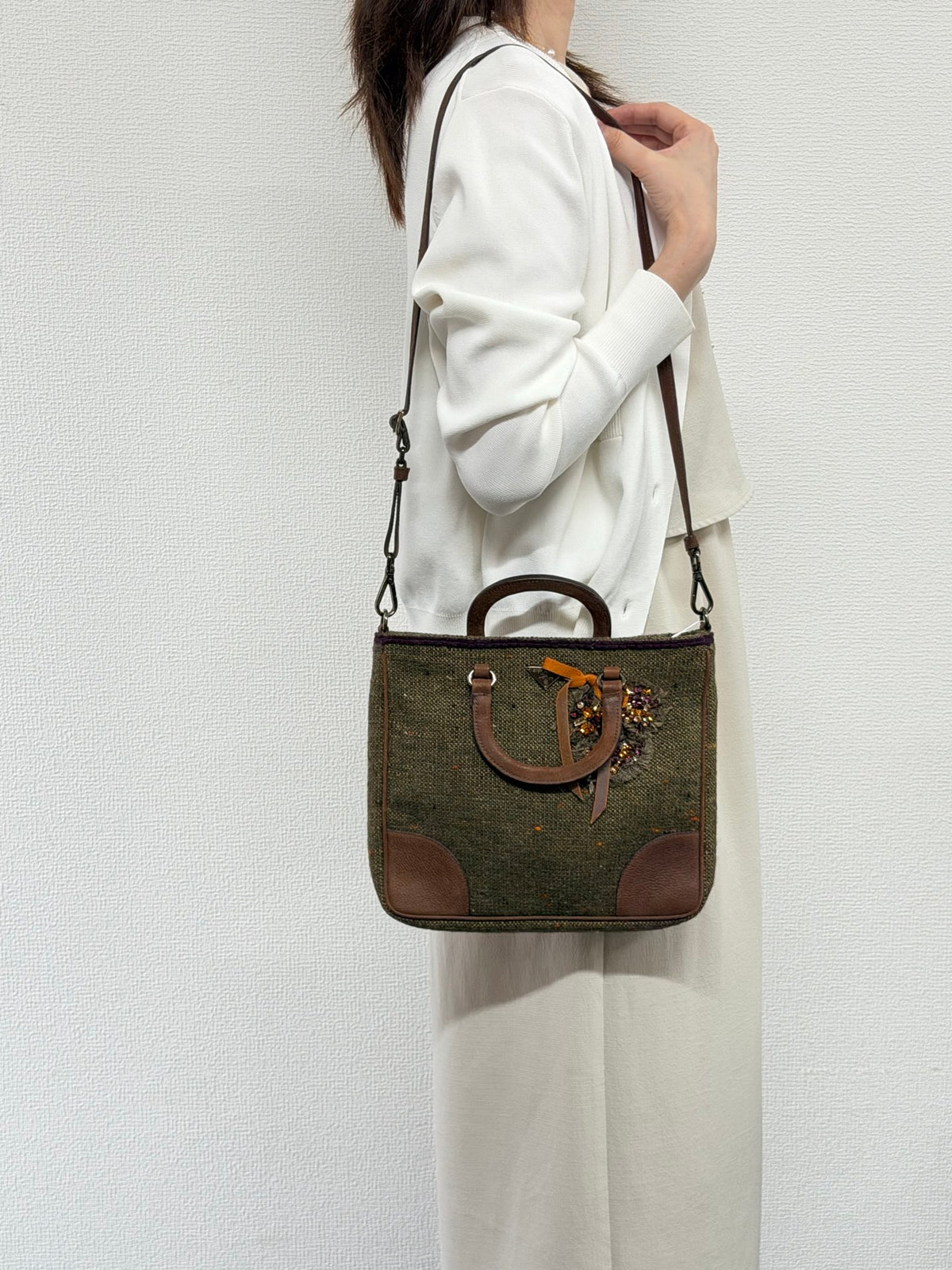 PRADA  Tweed & Leather Embellished  2Way Tote Bag