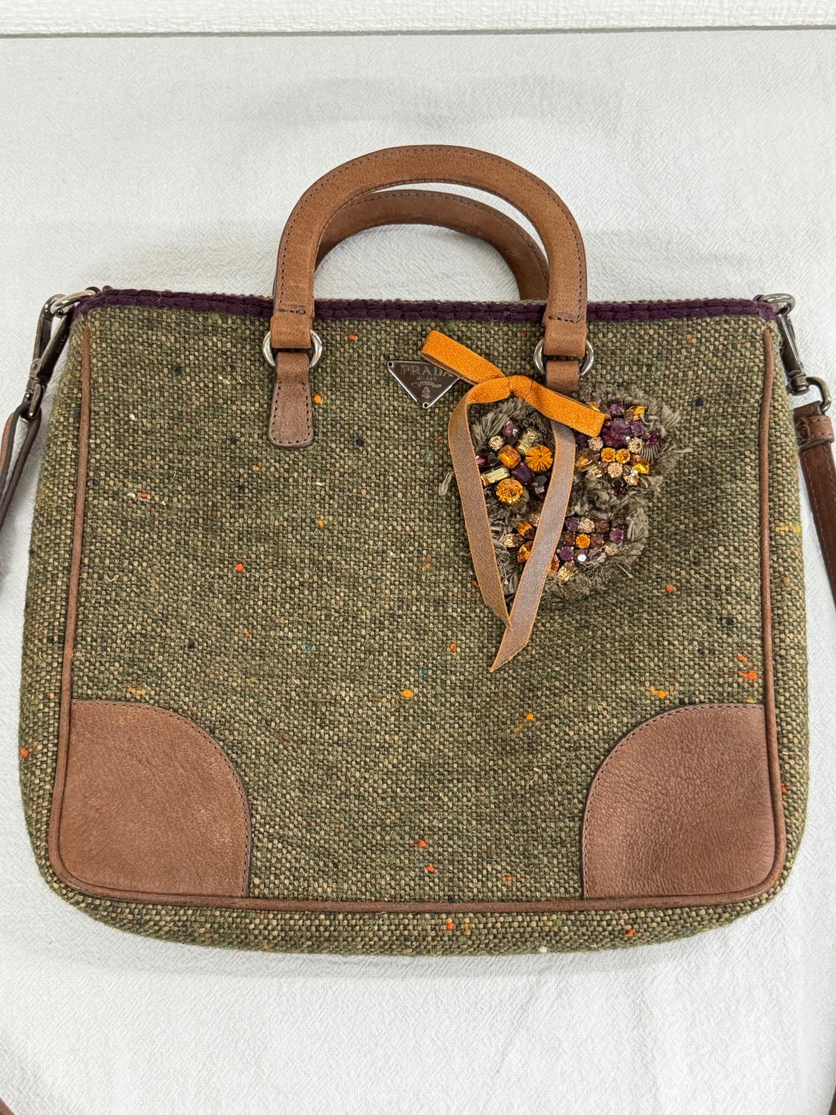 PRADA  Tweed & Leather Embellished  2Way Tote Bag