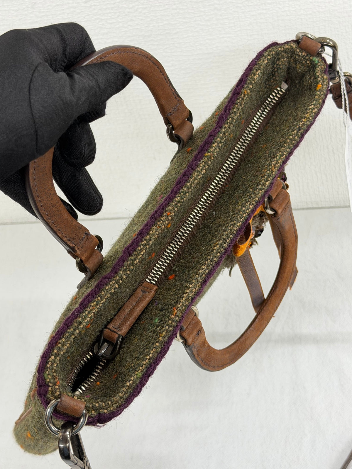 PRADA  Tweed & Leather Embellished  2Way Tote Bag