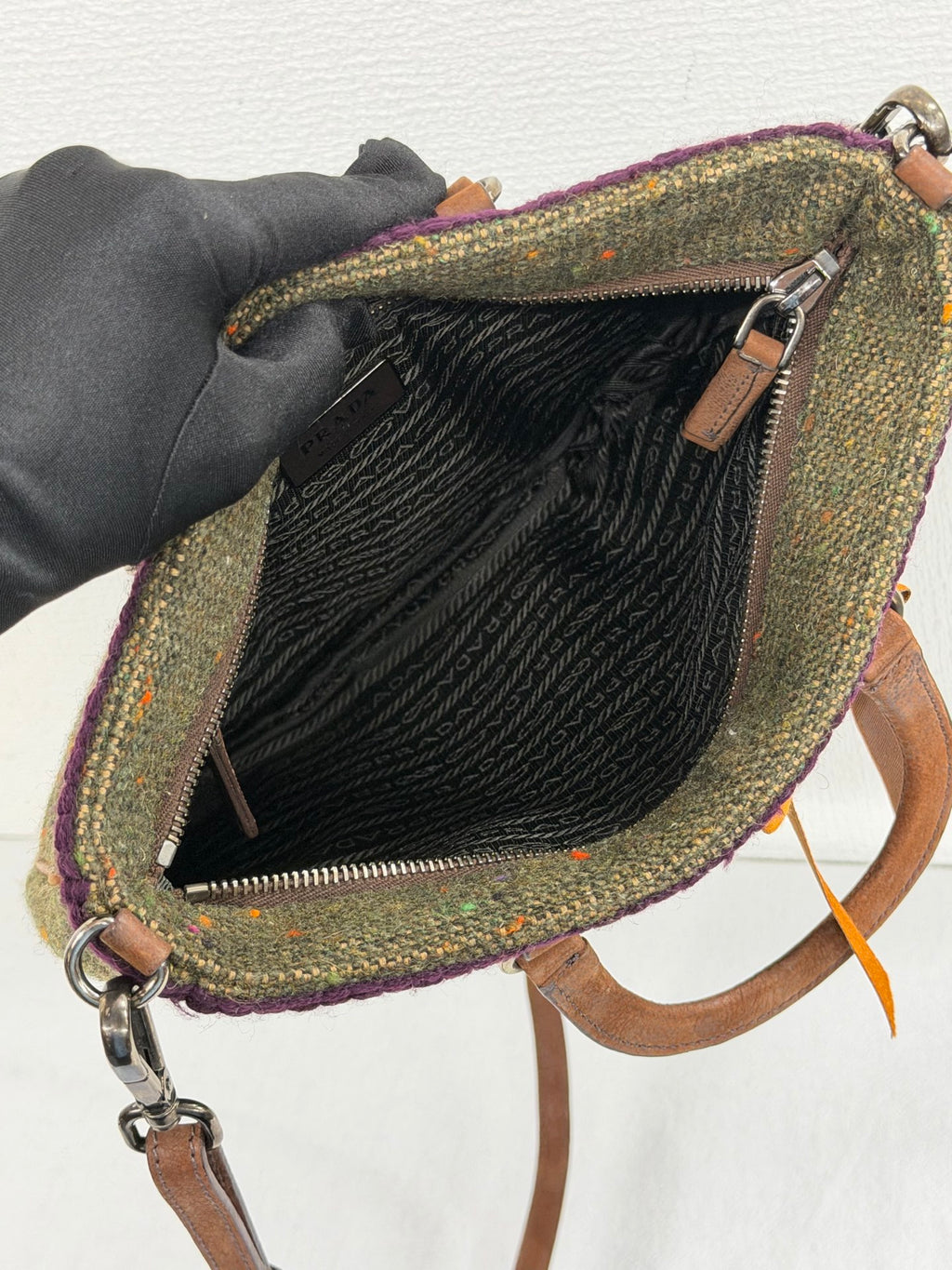 PRADA  Tweed & Leather Embellished  2Way Tote Bag