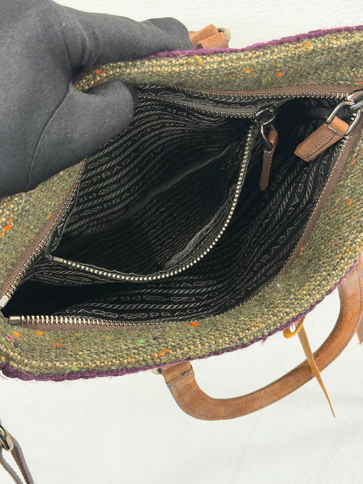 PRADA  Tweed & Leather Embellished  2Way Tote Bag