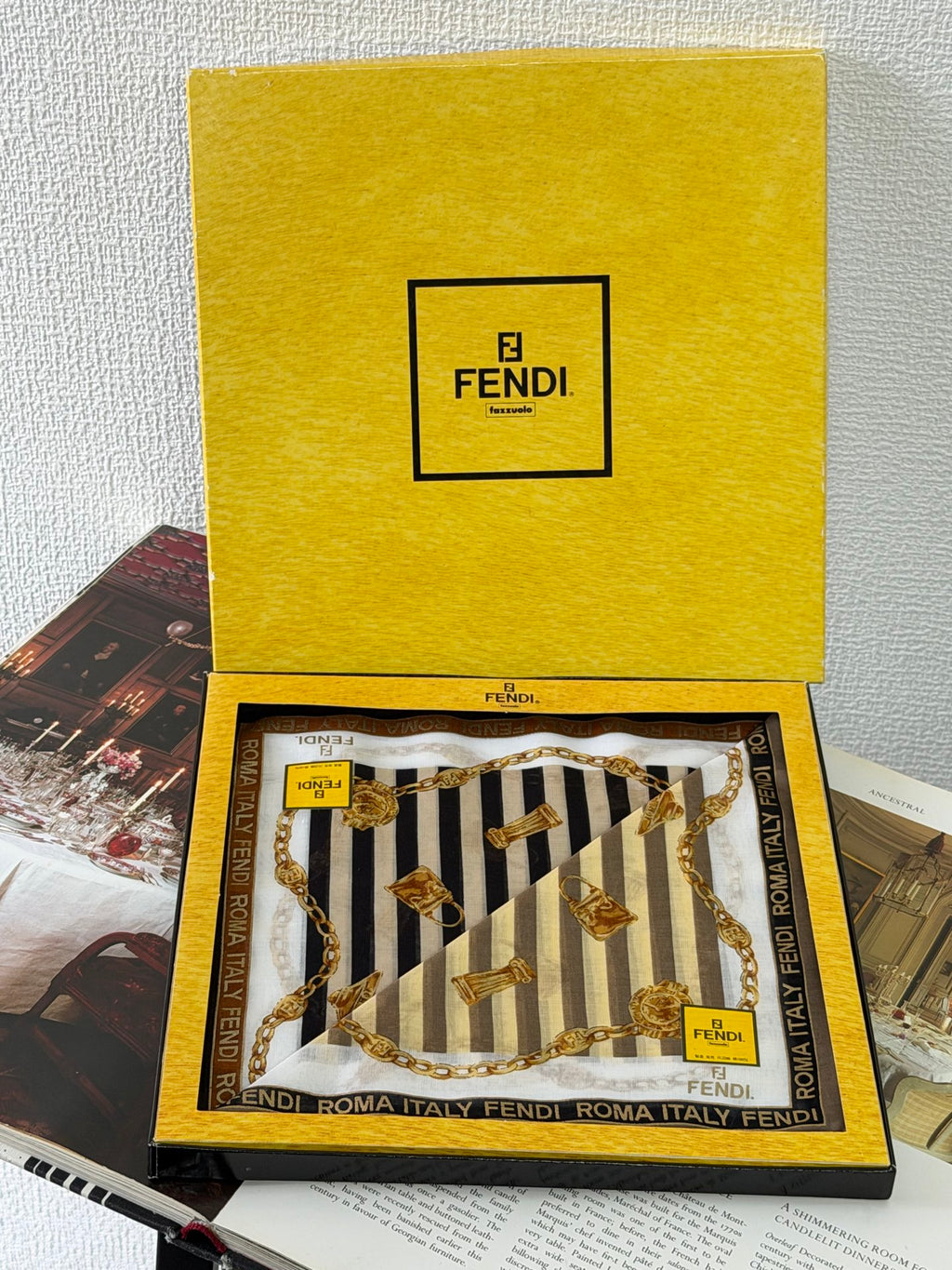 FENDI Vintage Silk Scarf Gold Chain & Bag Motif Striped Print