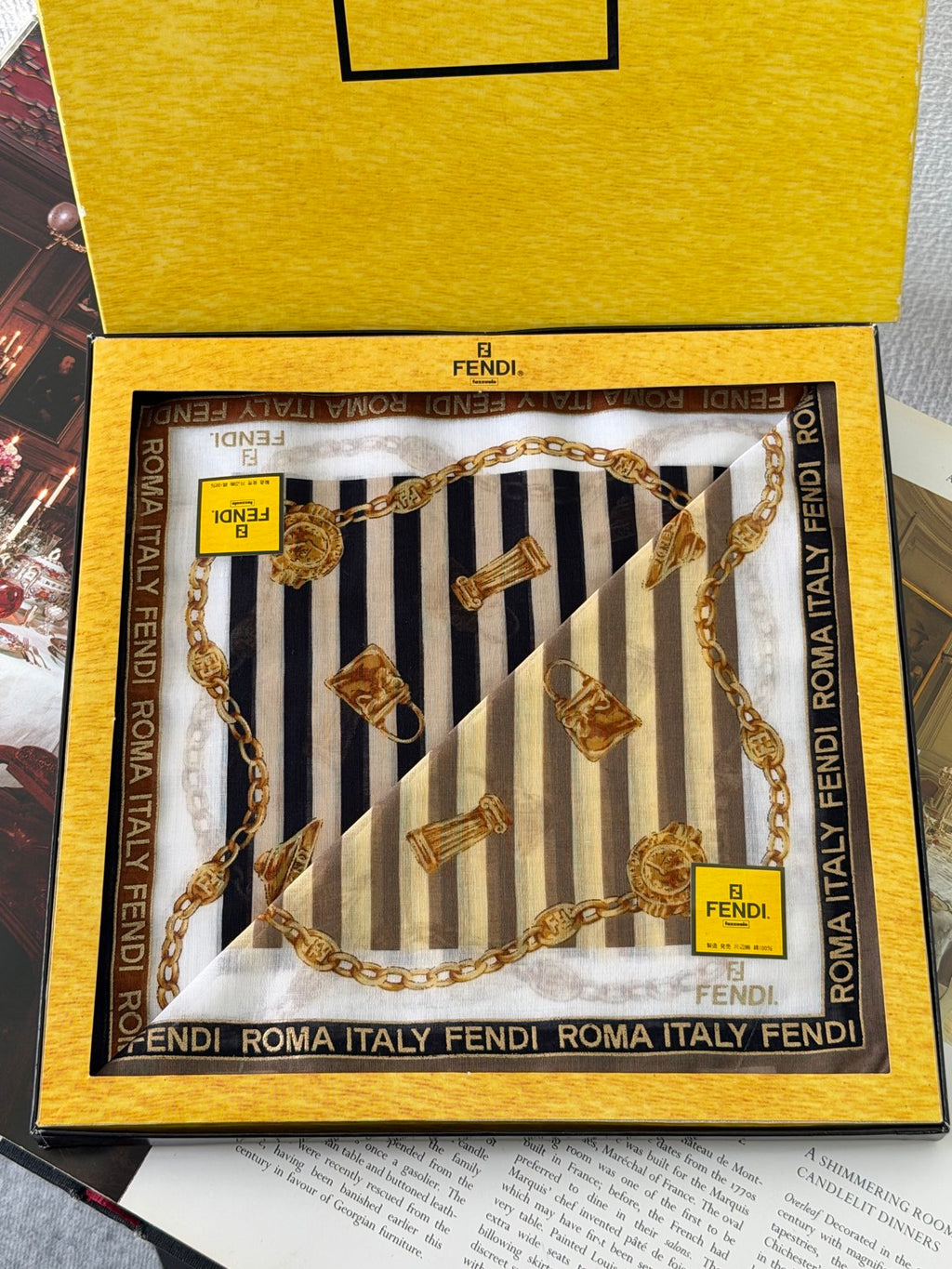 FENDI Vintage Silk Scarf Gold Chain & Bag Motif Striped Print