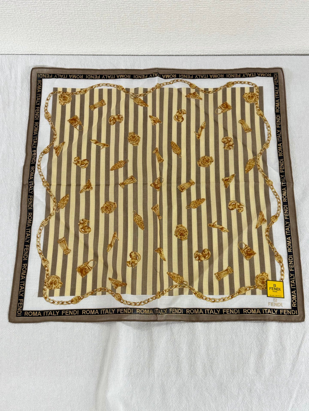 FENDI Vintage Silk Scarf Gold Chain & Bag Motif Striped Print