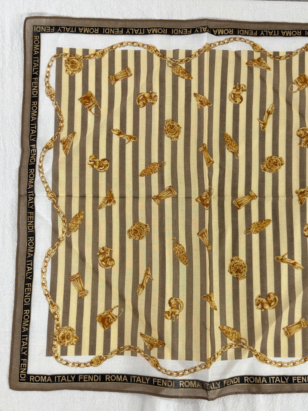 FENDI Vintage Silk Scarf Gold Chain & Bag Motif Striped Print