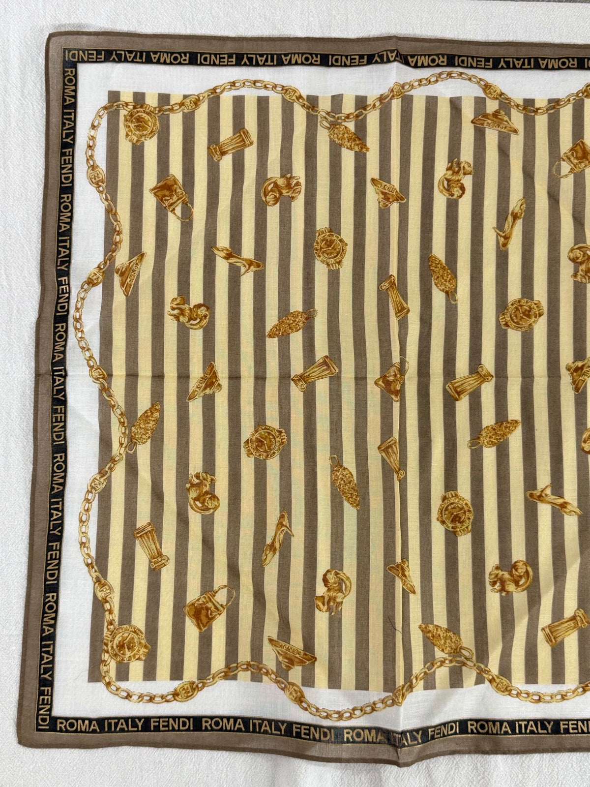 FENDI Vintage Silk Scarf Gold Chain & Bag Motif Striped Print