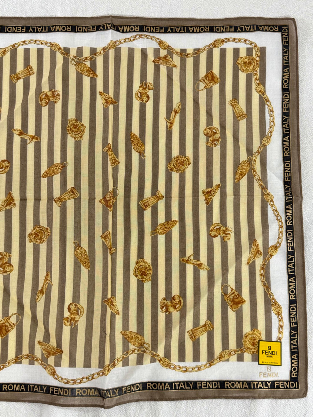 FENDI Vintage Silk Scarf Gold Chain & Bag Motif Striped Print