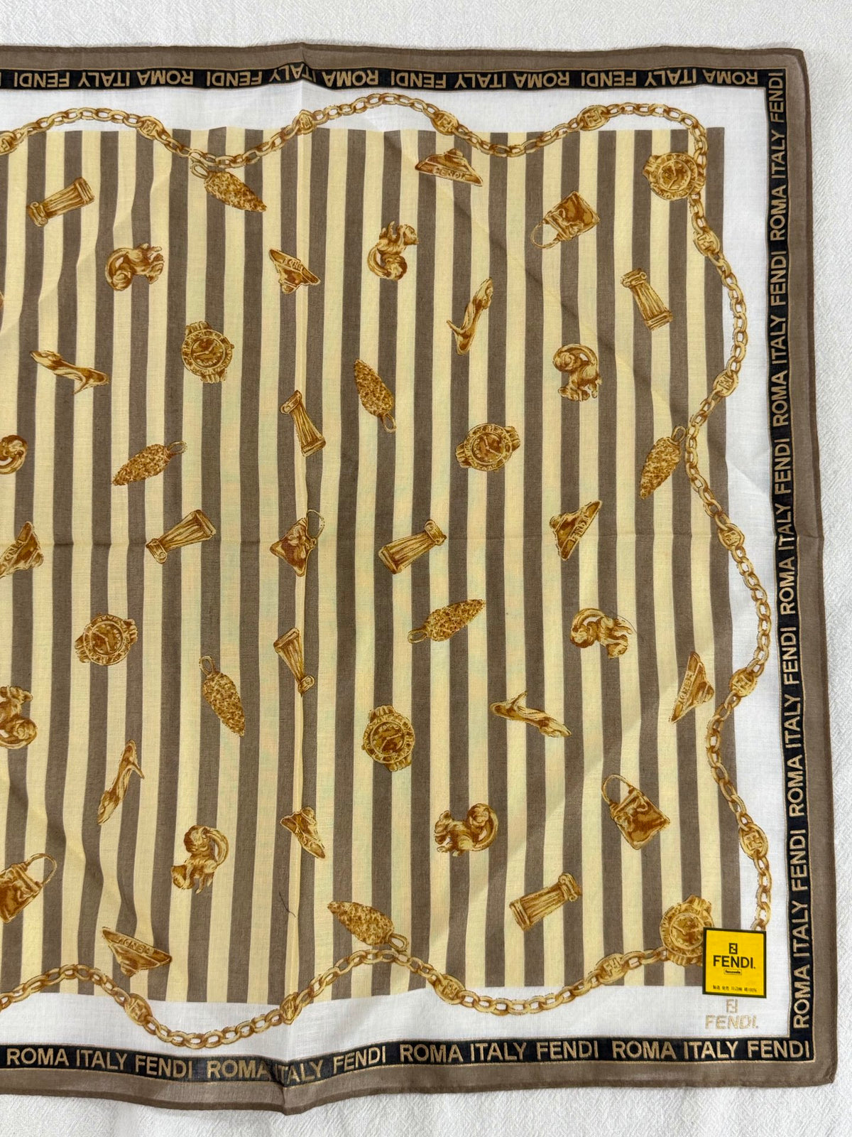 FENDI Vintage Silk Scarf Gold Chain & Bag Motif Striped Print