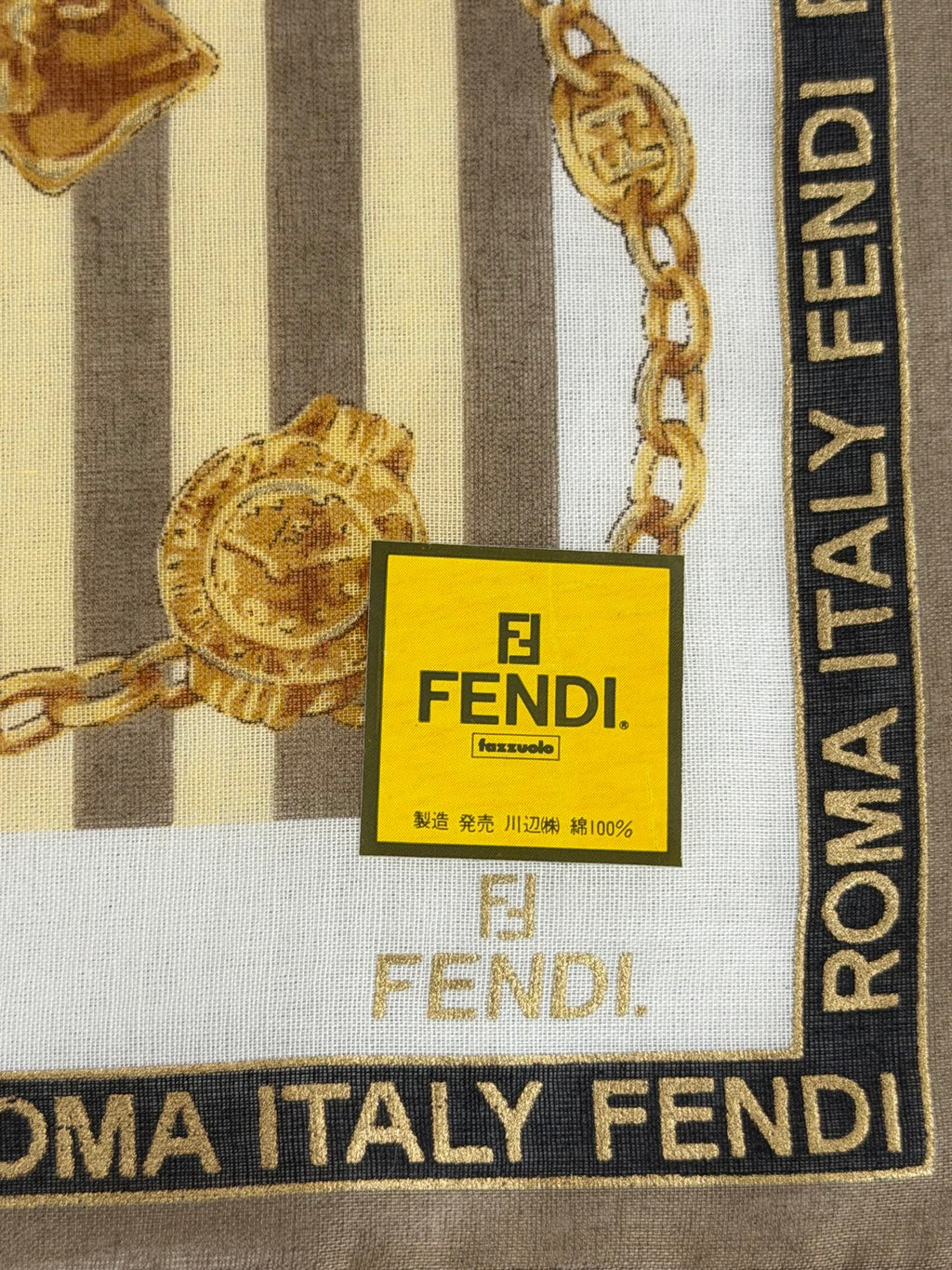 FENDI Vintage Silk Scarf Gold Chain & Bag Motif Striped Print