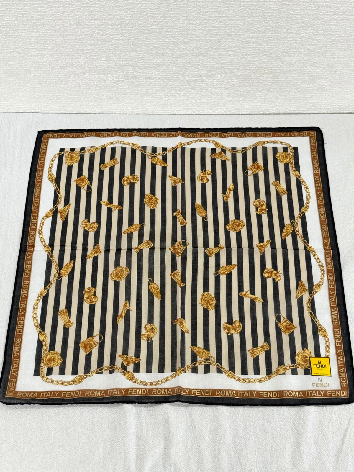 FENDI Vintage Silk Scarf Gold Chain & Bag Motif Striped Print