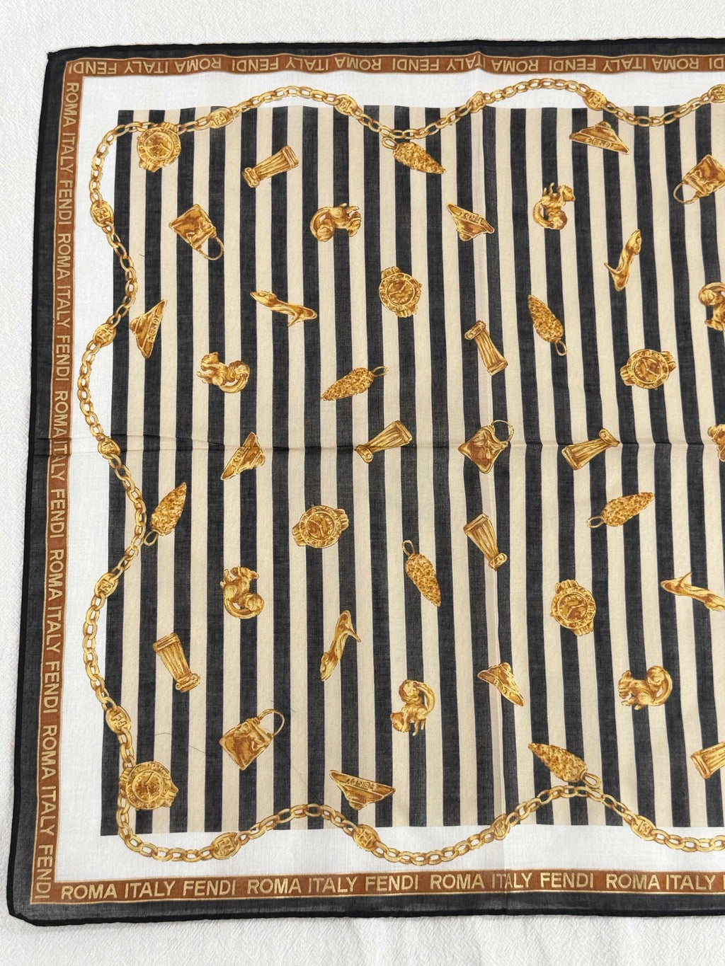 FENDI Vintage Silk Scarf Gold Chain & Bag Motif Striped Print