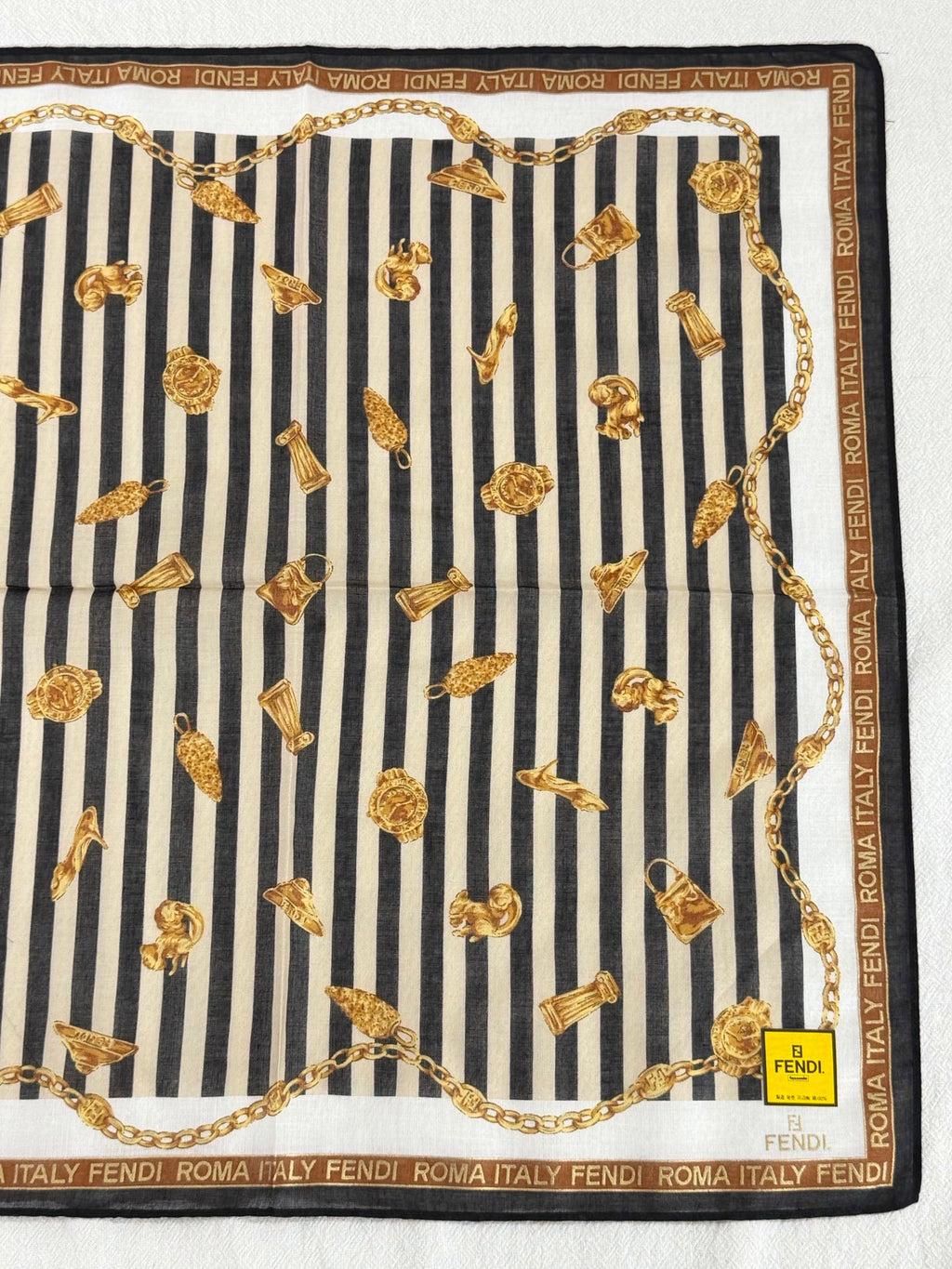 FENDI Vintage Silk Scarf Gold Chain & Bag Motif Striped Print