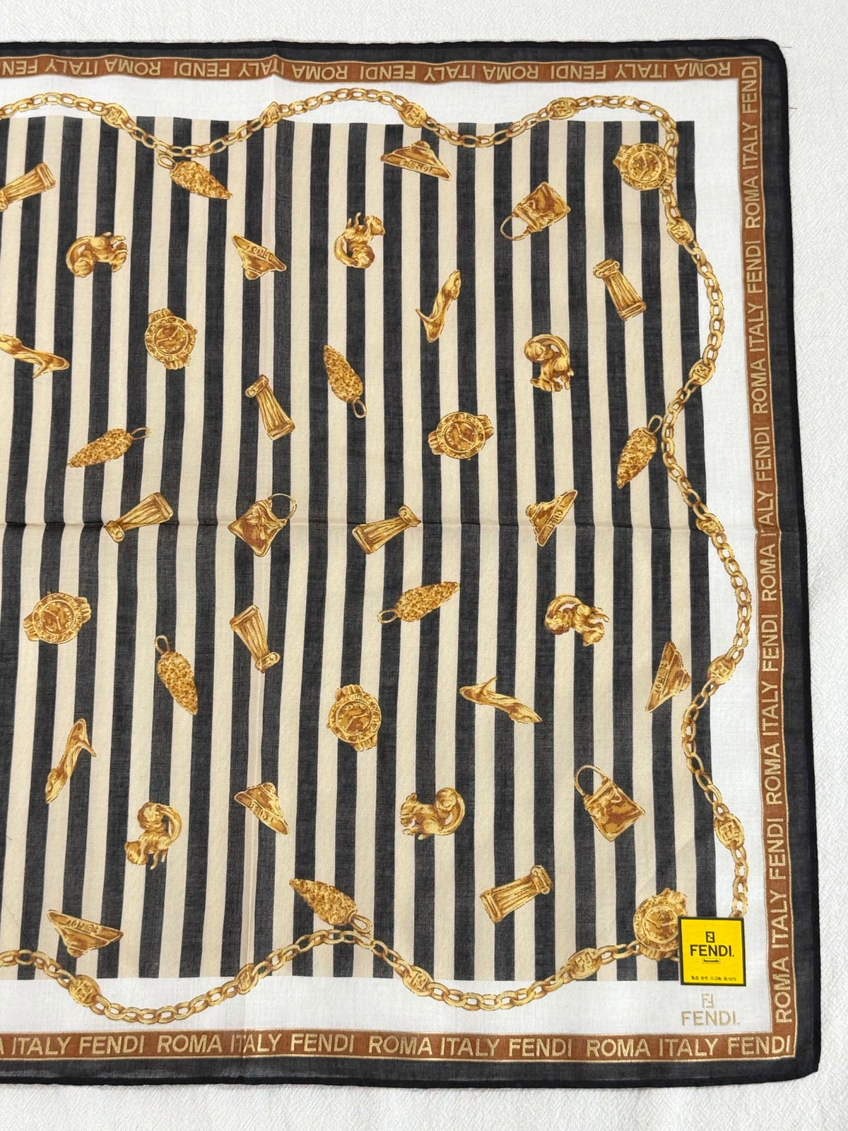 FENDI Vintage Silk Scarf Gold Chain & Bag Motif Striped Print