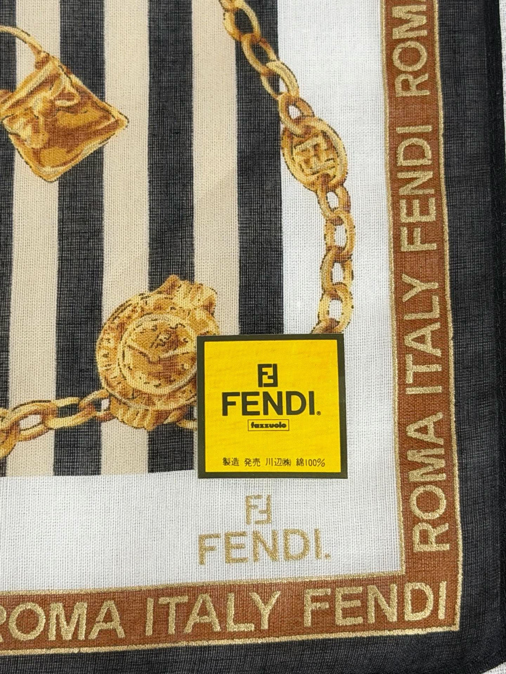 FENDI Vintage Silk Scarf Gold Chain & Bag Motif Striped Print