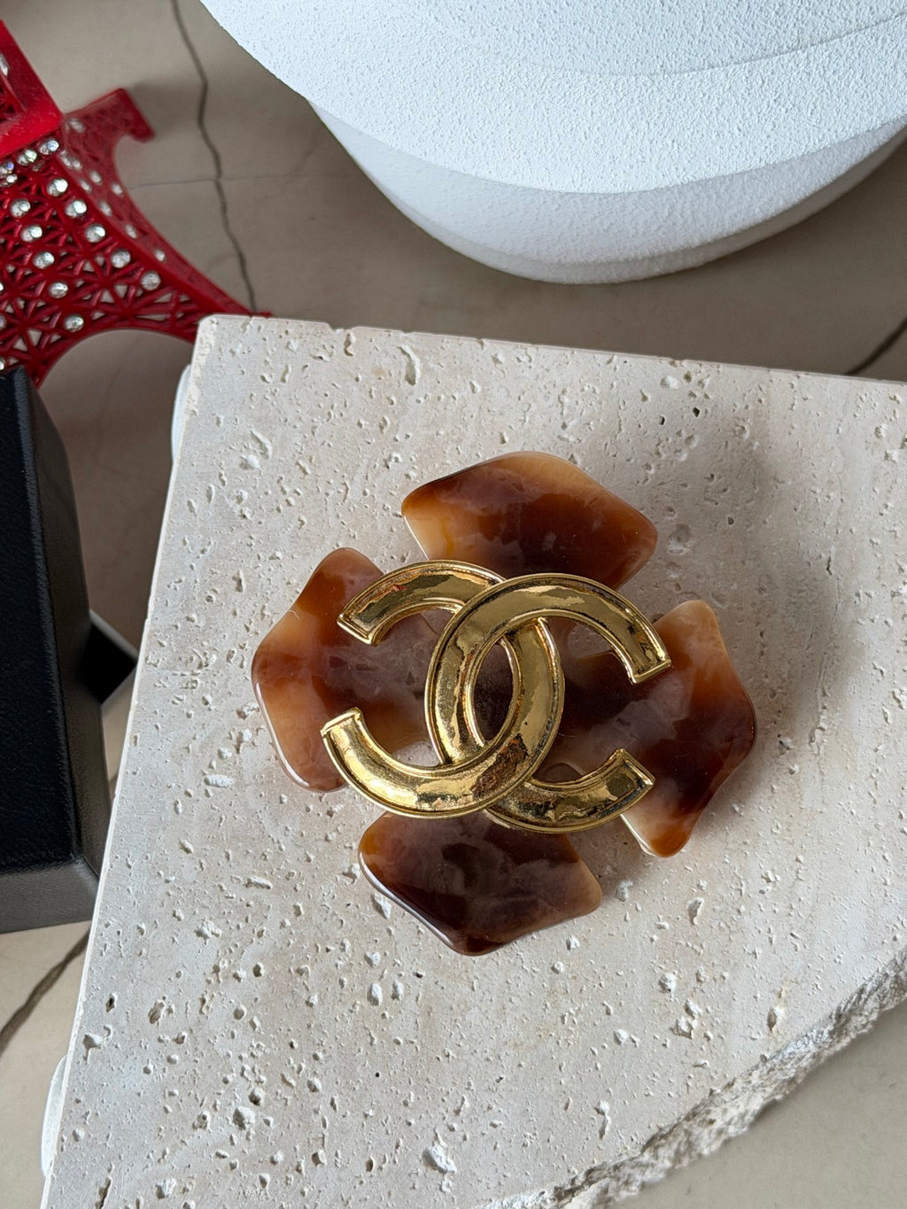 Tortoise Shell Resin Clover Flower CC Logo Brooch Pin