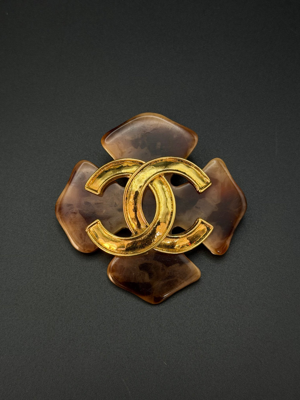 Tortoise Shell Resin Clover Flower CC Logo Brooch Pin