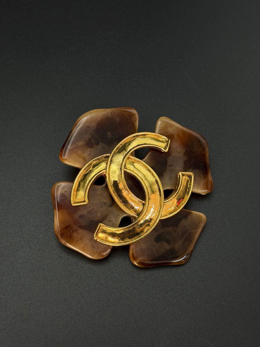 Tortoise Shell Resin Clover Flower CC Logo Brooch Pin
