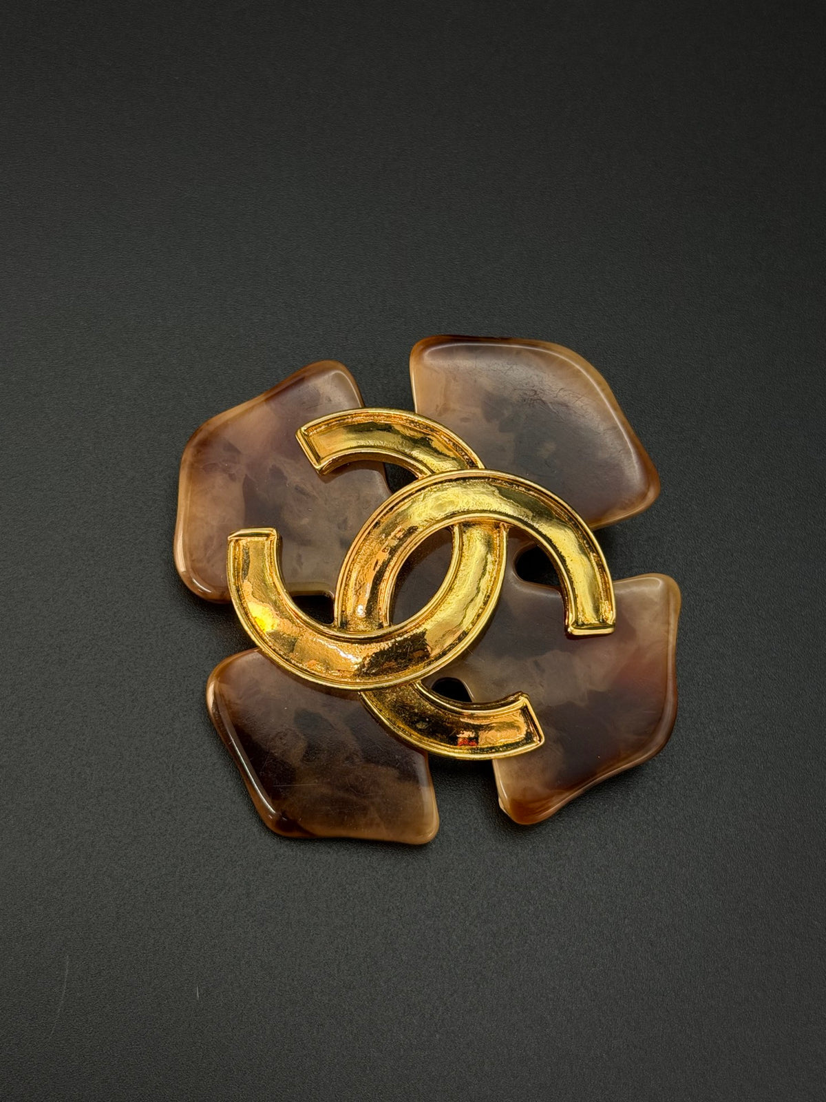Tortoise Shell Resin Clover Flower CC Logo Brooch Pin
