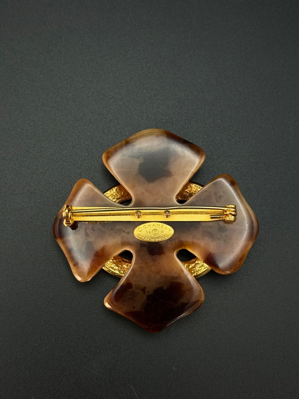 Tortoise Shell Resin Clover Flower CC Logo Brooch Pin