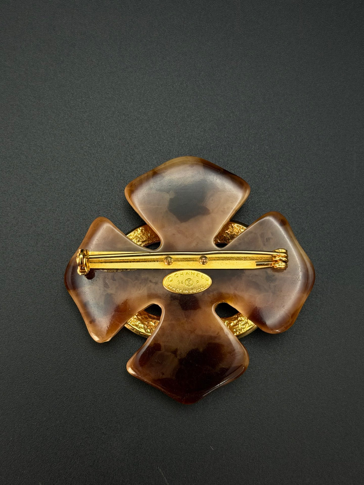 Tortoise Shell Resin Clover Flower CC Logo Brooch Pin