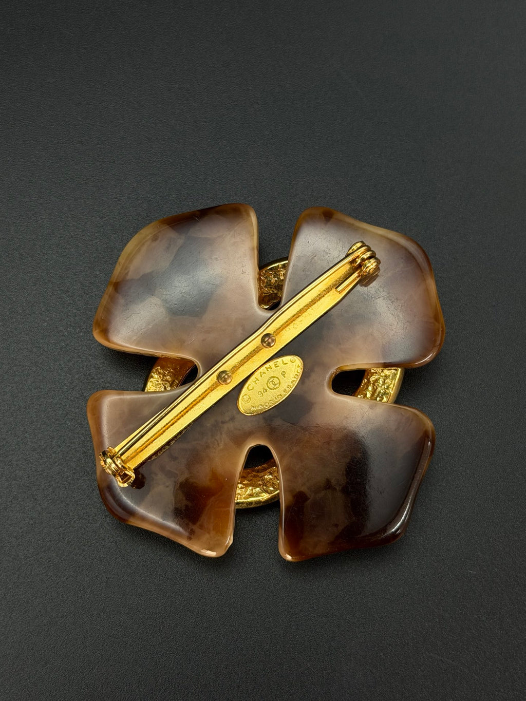 Tortoise Shell Resin Clover Flower CC Logo Brooch Pin