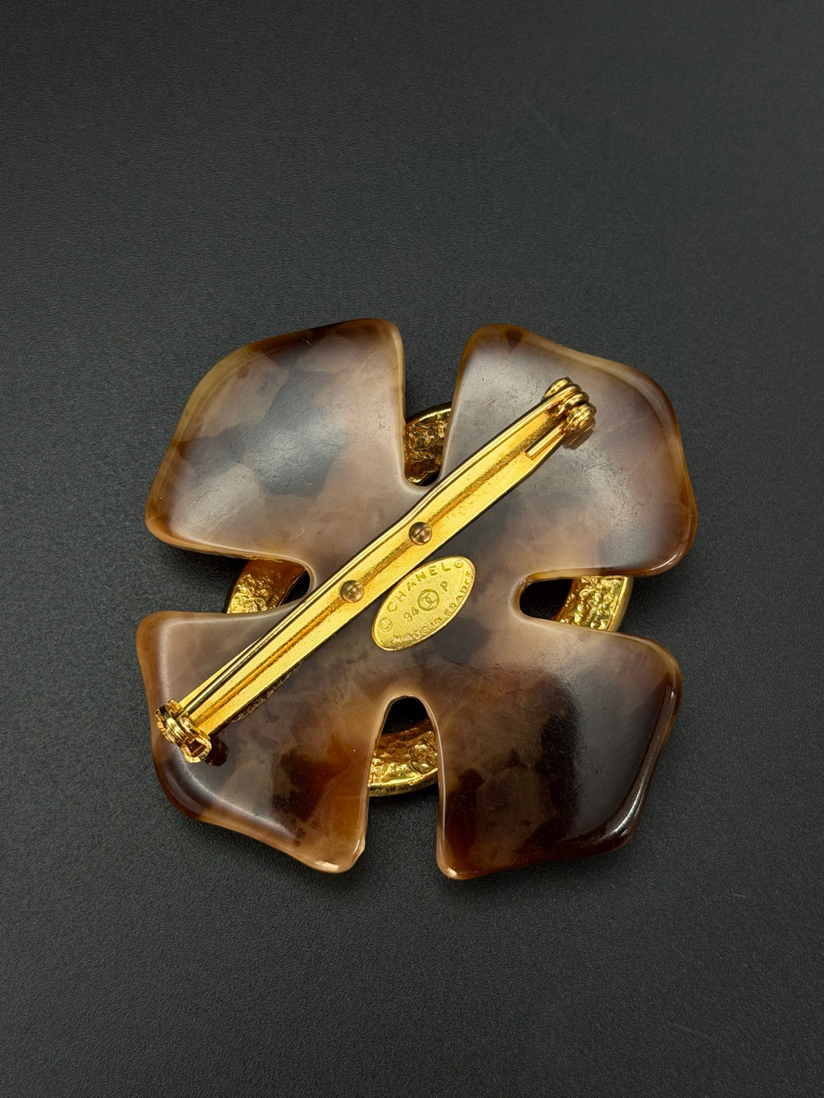 Tortoise Shell Resin Clover Flower CC Logo Brooch Pin
