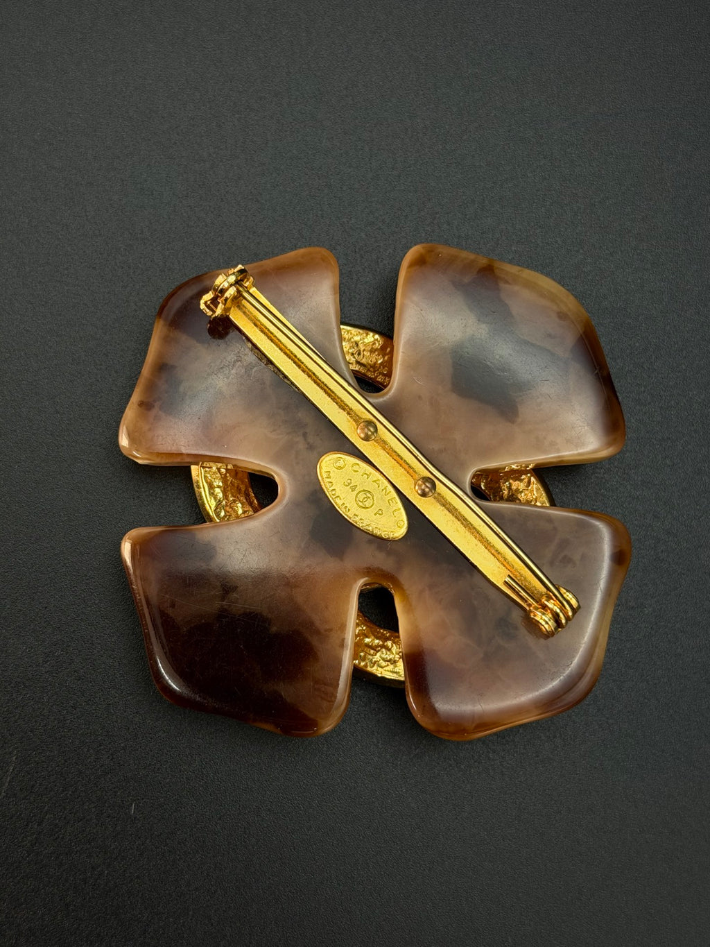 Tortoise Shell Resin Clover Flower CC Logo Brooch Pin