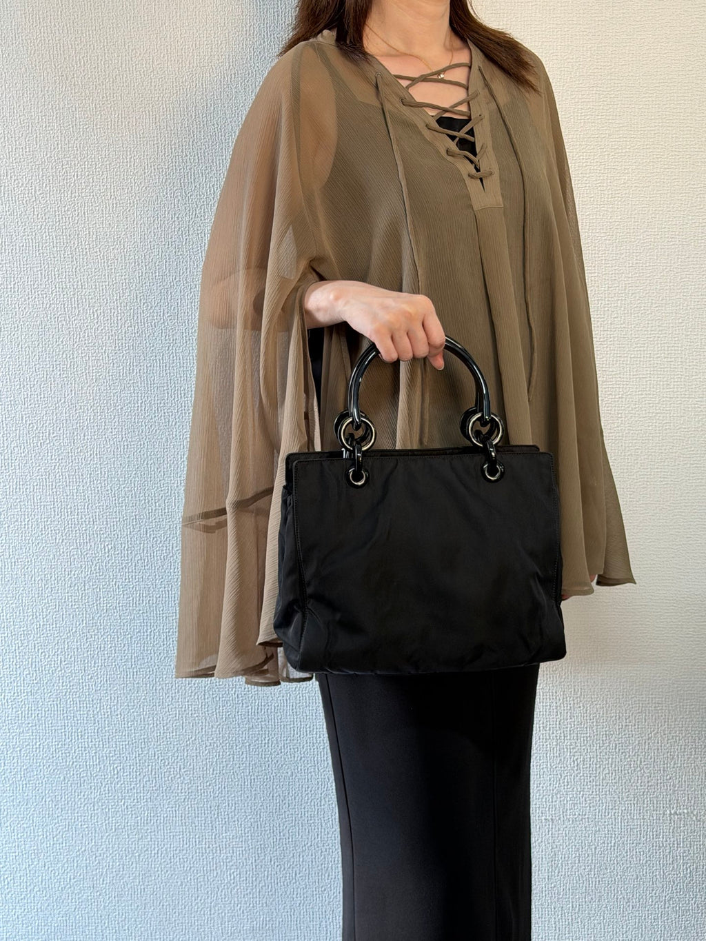 PRADA Tessuto Nylon Black Resin Handle Tote Handbag