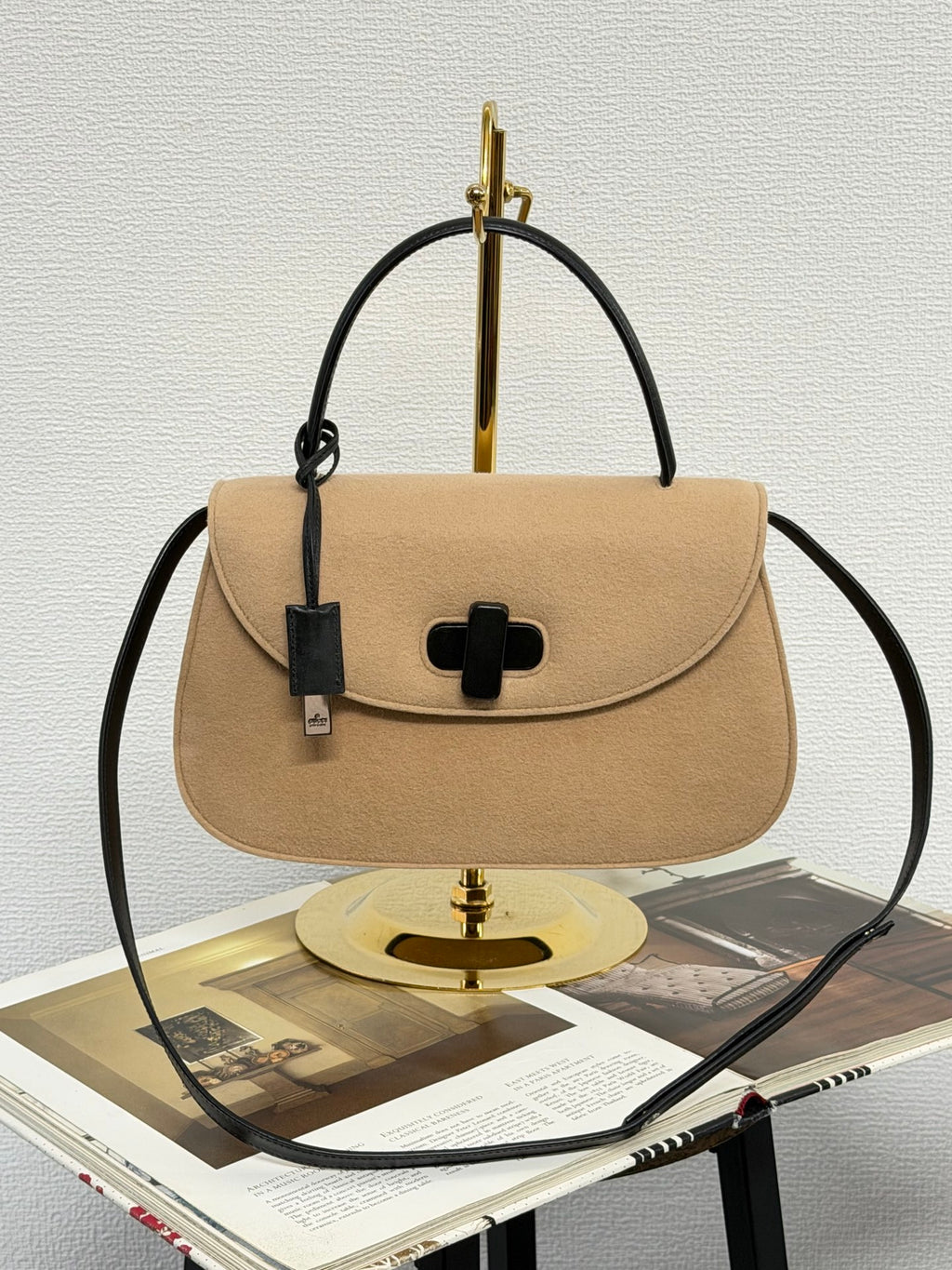 GUCCI Wool Felt & Leather Cross 2WAY Handle Beige Shoulder Bag