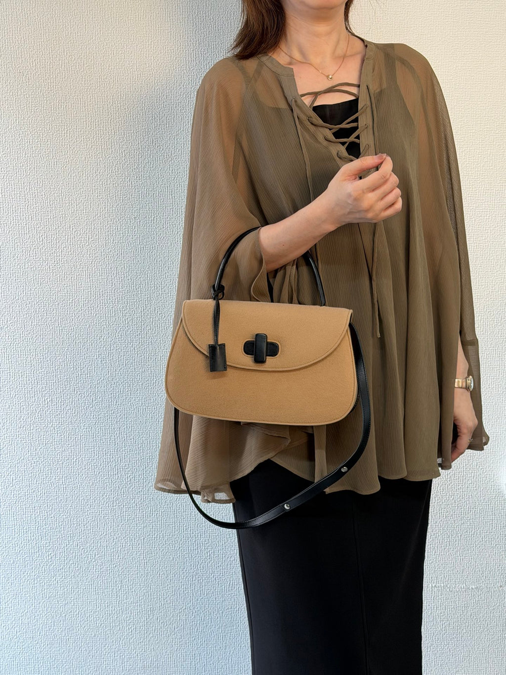 GUCCI Wool Felt & Leather Cross 2WAY Handle Beige Shoulder Bag