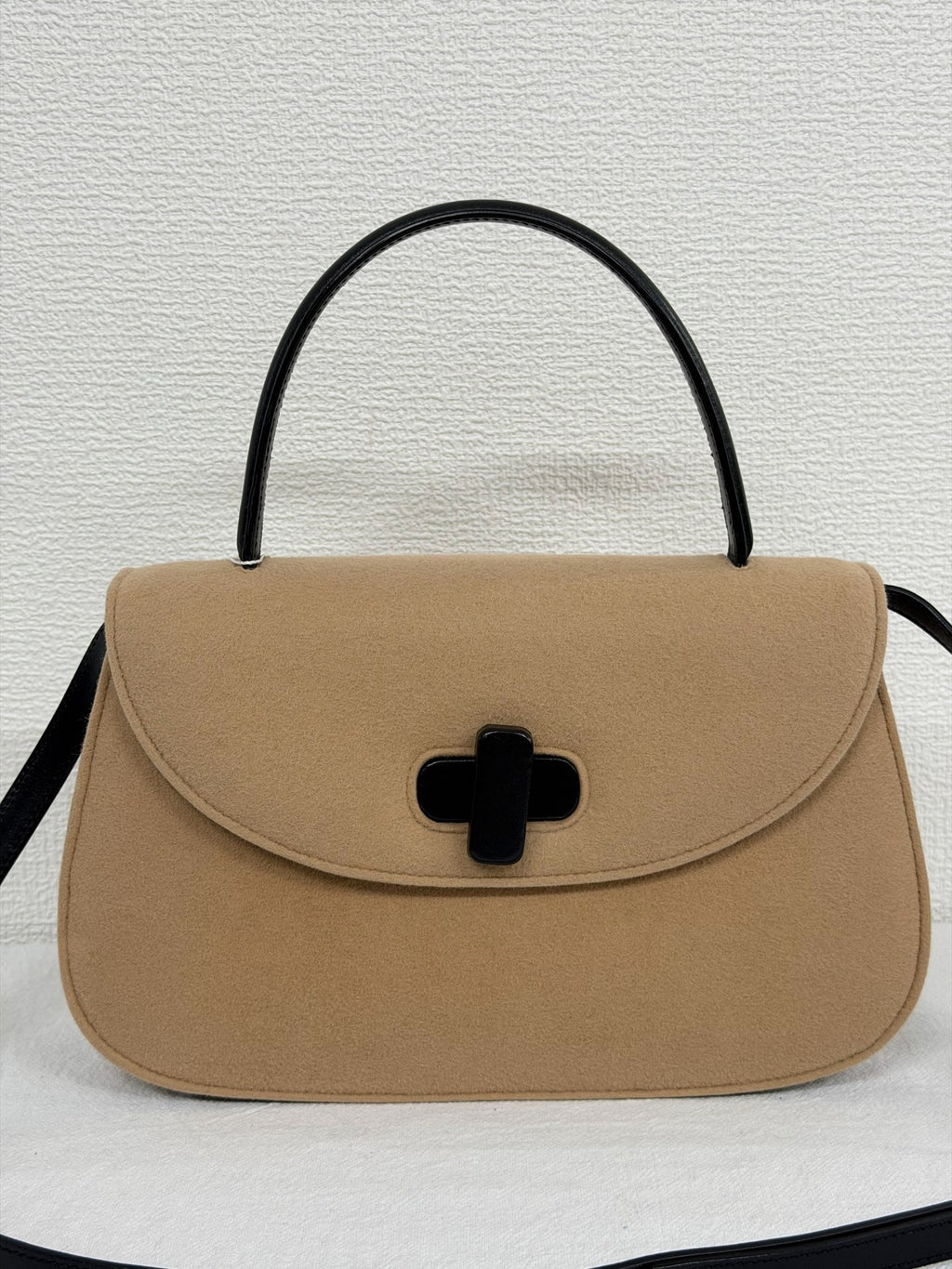 GUCCI Wool Felt & Leather Cross 2WAY Handle Beige Shoulder Bag